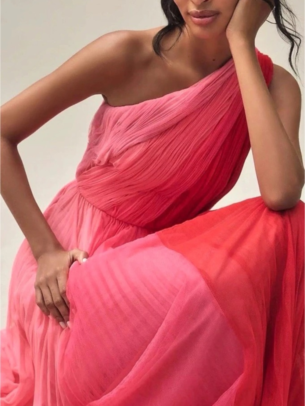 Hutch One-Shoulder Color Block Tulle Pleated Dress in Pink & Red Size 10 - Picture 3 of 7